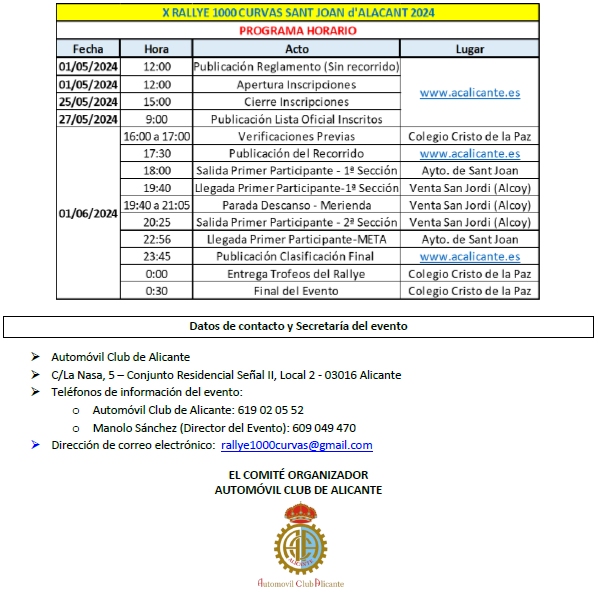 Programa Horario del X Rallye 1000 Curvas Sant Joan d'Alacant 2024